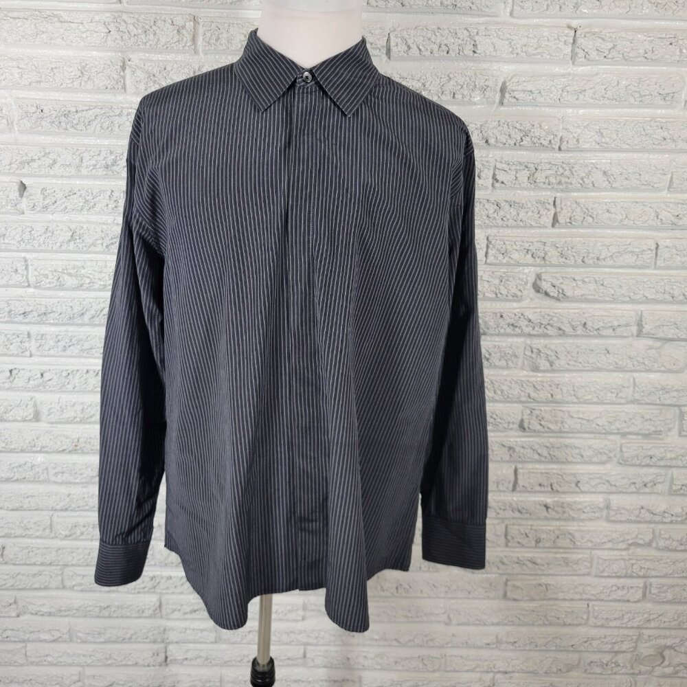 Calvin Klein Mens Shirt XXL Long Sleeve Gray Stripe Cotton Silk STR71XE